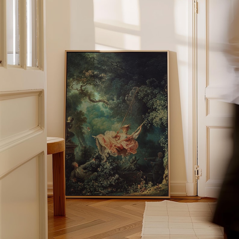 Fragonard The Swing Jean-Honoré Fragonard 1767 Rococo masterpiece large giclée print, natural oak wood float frame, leaning on herringbone parquet floor against white Haussmann moulded panelled door, French apartment chateaucore romantic wall art