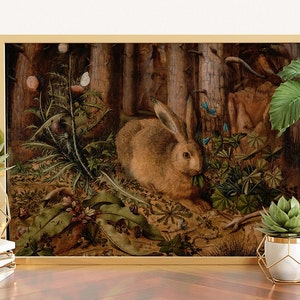 Rabbit painting art print, Rabbit poster, Animal art, Antique forest oil painting, Vintage woodland decor, Magical nature, Enchanted forest