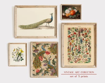 Zestaw ścienny Eclectic Gallery: paw w stylu vintage, kwiaty Millot, grafiki botaniczne