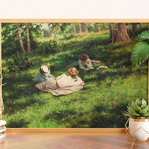 Three Reading Women Painting, Vintage French Country Cottage Landscape, French Antique Victorian Landscape Oil Painting, Summer Meadow Art
