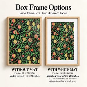 two different frame options for a framed artwork with a floral pattern. The text provides information about the frame sizes and visible artwork sizes, indicating that the frame size is the same as the visible artwork size.
