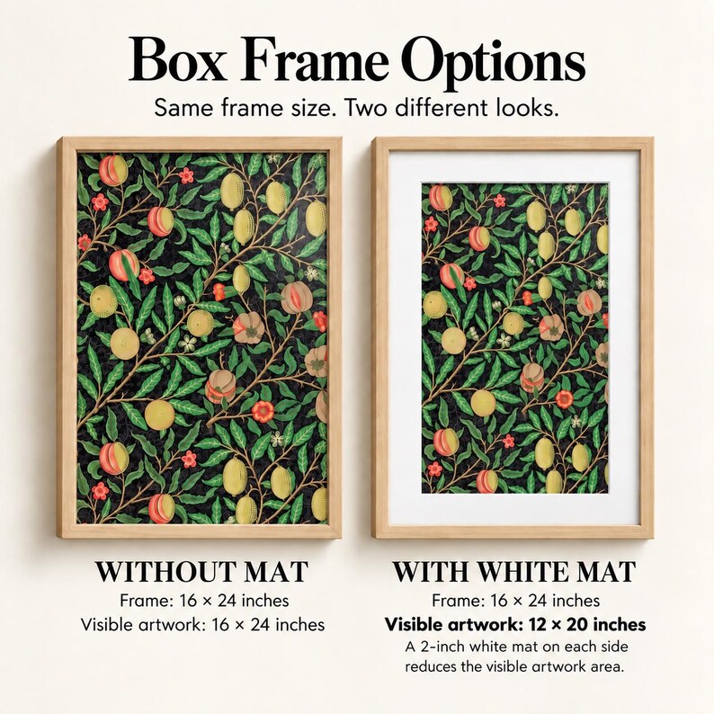 two different frame options for a framed artwork with a floral pattern. The text provides information about the frame sizes and visible artwork sizes, indicating that the frame size is the same as the visible artwork size.