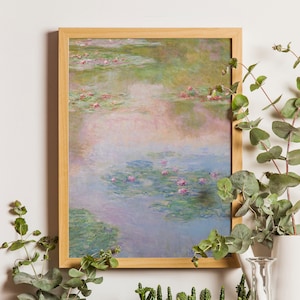 Pastel Water Lilies Flower, Vintage Landscape Painting, Claude Monet Waterlily Painting, French Antique Botanical Art, Vintage Floral Art