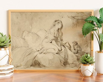Woman and Dog Art , Vintage Sketch Print, French Sepia Etching, European Vintage Print, French Wall Art, Dog Art, Woman Art, Vintage Poster