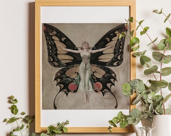 May include: A framed art print featuring a central figure with large, detailed butterfly wings in shades of black, tan, and red. The figure wears a light-colored, flowing garment with intricate embellishments and antennae-like headwear.