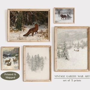 Winter Gallery Wall Set of 5, Vintage Christmas Prints, Rustic Holiday Decor, Antique Winter Prints, Christmas Gallery Wall Prints, MAILED