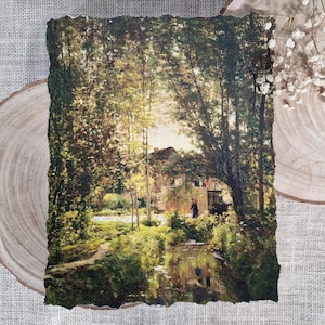 Dipinto di campagna francese, stampa di paesaggio vintage 8x10, stampa di paesaggio vintage con ruscello, immagini di paesaggi antichi, carta con bordo frastagliato