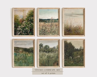 Vintage Landscape Print Set: Wildflower Meadow Art (Set of 6)