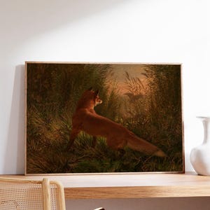 This moody antique painting of fox in earthtones will look lovely in your farmhouse living room, kitchen or cabin.