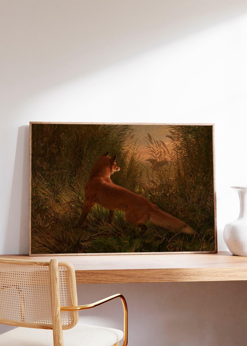This moody antique painting of fox in earthtones will look lovely in your farmhouse living room, kitchen or cabin.