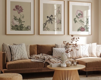 Chinoiserie Triptych Wall Art: Peony, Chrysanthemum & Bird Prints