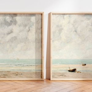 Coastal Wall Art Print Set of 2, Vintage Neutral Beach Painting, Soft Coastal Landscape, Neutral Coastal Wall Art, Deckle Edge Print