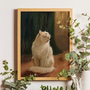 Antique Cat Painting, Art Print, Vintage Cat Painting, Arthur Heyer white cat with butterflies, Vintage Cat Wall Art, Cat Print, Cat Poster