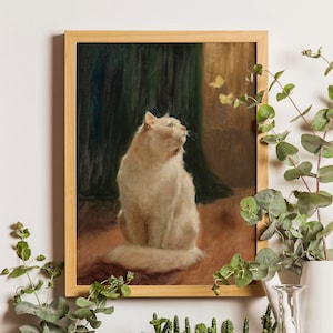 Antique Cat Painting, Art Print, Vintage Cat Painting, Arthur Heyer white cat with butterflies, Vintage Cat Wall Art, Cat Print, Cat Poster