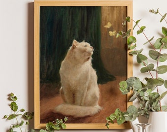 Antique Cat Painting, Art Print, Vintage Cat Painting, Arthur Heyer white cat with butterflies, Vintage Cat Wall Art, Cat Print, Cat Poster