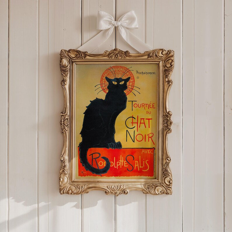 Art Nouveau Black Cat Wall Art Chat Noir print in vintage wall art poster style. Retro poster featuring elegant black cat art on yellow and red background adds charm to living room or bedroom. Unique animal poster and cat poster decor perfect for vintage lovers, blending classic French design with bold feline character. Ideal black cat art for gallery wall, office, or as a stylish gift.