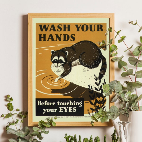 Vintage Wash Your Hands sign, Bathroom poster, Retro bathroom art print, Bathroom wall art, Raccoon, Woodland animals, Public health poster