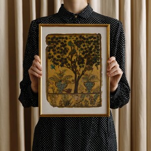 Tree of Life art print inspired by antique Persian garden painting with birds, botanical foliage, and symbolic nature imagery.