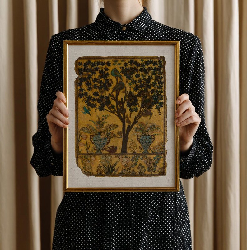Tree of Life art print inspired by antique Persian garden painting with birds, botanical foliage, and symbolic nature imagery.