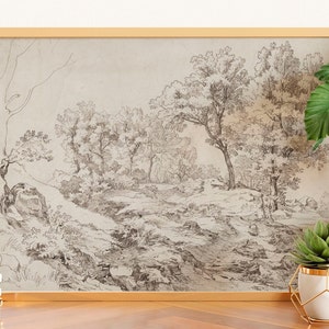 Vintage Neutral Landscape Drawing, Rustic French Country Wall Art, Simple Antique Home Decor Art, Simple Landscape Sketch, Neutral Landscape