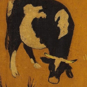 Breton countryside artwork with grazing cows and resting figure