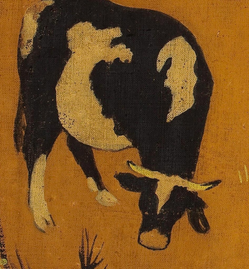 Breton countryside artwork with grazing cows and resting figure