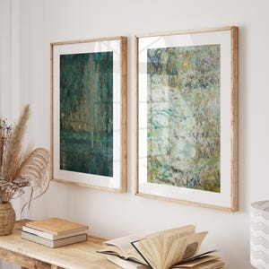 Green Abstract Midcentury Modern Wall Art Set of 2 Landscape Paintings Cottagecore Decor Gallery Wall Prints Above Bed Decor Large Wall Art