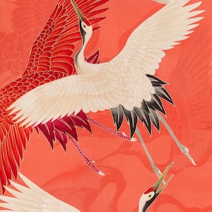 Red and white Japanese cranes in flight illustrated in a traditional Asian art style on a vibrant red background. Framed or unframed wall art.