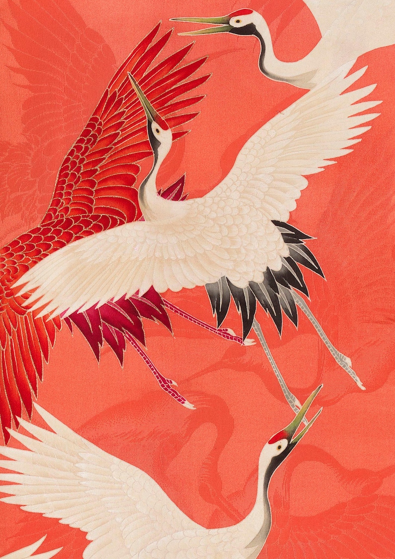 Red and white Japanese cranes in flight illustrated in a traditional Asian art style on a vibrant red background. Framed or unframed wall art.