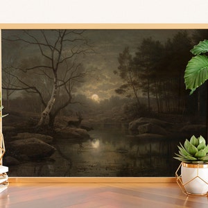 Forest Landscape in the Moonlight Painting, Moody Landscape Painting, Vintage Dark Artwork, Moonlight Painting, Dark Academia Decor, PRINTED