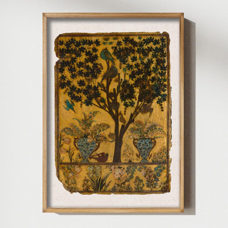 Tree of Life art print inspired by antique Persian garden painting with birds, botanical foliage, and symbolic nature imagery.