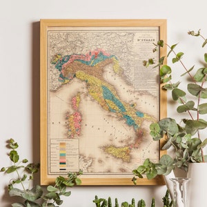 Carte géologique de l'Italie, ancienne carte de l'Italie, carte italienne, carte vintage de l'Italie, décoration d'intérieur ancienne, carte murale, carte ancienne, décoration antique, Italie,