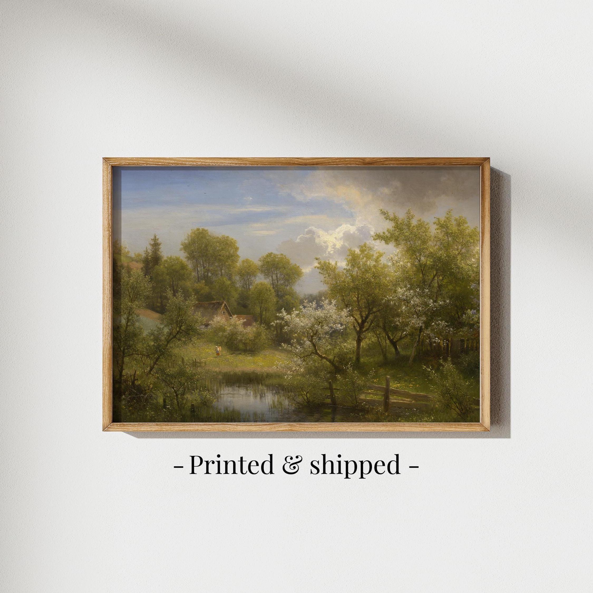 Cottagecore Landscape Print: Vintage Countryside Painting, Green Wall ...