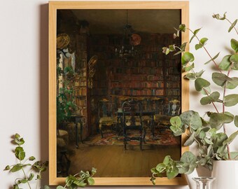 Antique Library Oil Painting Print: Dark Academia Victorian Wall Decor