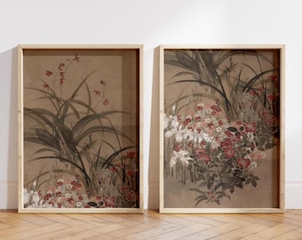 Vintage Chinoiserie Floral Art Print Set: Neutral Botanical Wall Decor