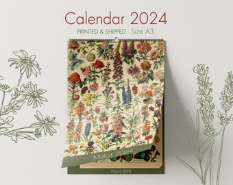 2024 Wall Calendar Millot, 2024 Botanical Calendar, Floral Calendar, Monthly Calendar, Garden Calendar, Christmas Gift Her, Unique Calendar