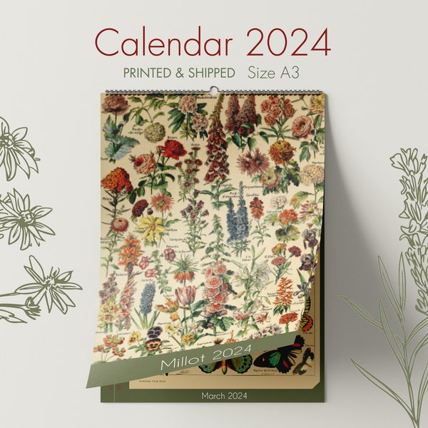 2024 Wandkalender Millot, 2024 Botanische Kalender, Bloemenkalender, Maandkalender, Tuinkalender, Kerstcadeau Haar, Unieke Kalender