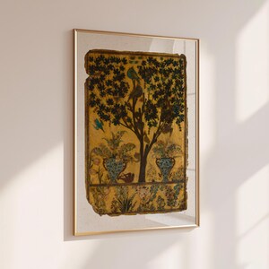Tree of Life art print inspired by antique Persian garden painting with birds, botanical foliage, and symbolic nature imagery.