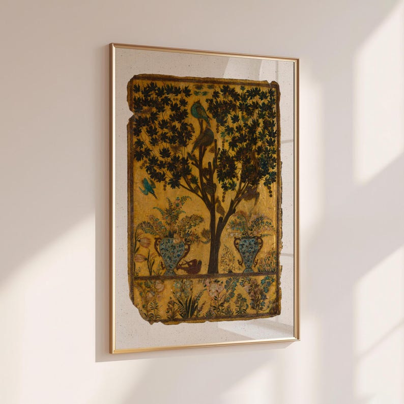 Tree of Life art print inspired by antique Persian garden painting with birds, botanical foliage, and symbolic nature imagery.