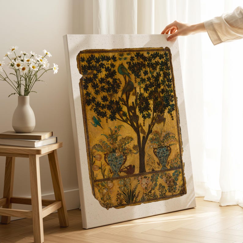 Tree of Life art print inspired by antique Persian garden painting with birds, botanical foliage, and symbolic nature imagery.