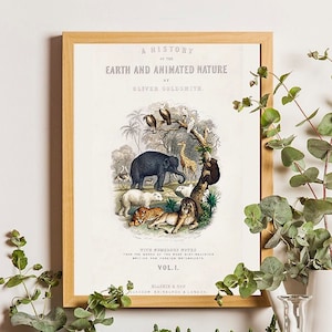 Impresión de animales vintage, una historia de la Tierra y la naturaleza animada, portada con ilustración vintage de Oliver Goldsmith, póster de animales, decoración