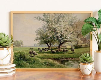 Vintage Pastoral Landscape with Sheep Print, Carl Weber Reproduction