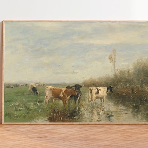 Dipinti di mucche, paesaggi di campagna, dipinti di fiumi, decorazioni per la casa, arte vintage, stampe spedite, stampe artistiche di prati, dipinti di paesaggi vintage
