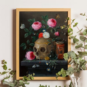 Grabado de Jan van Kessel, Naturaleza muerta de Vanitas de Jan van Kessel, Arte gótico, Decoración de Halloween, Pintura de calavera vintage, Calavera y rosas, Naturaleza muerta