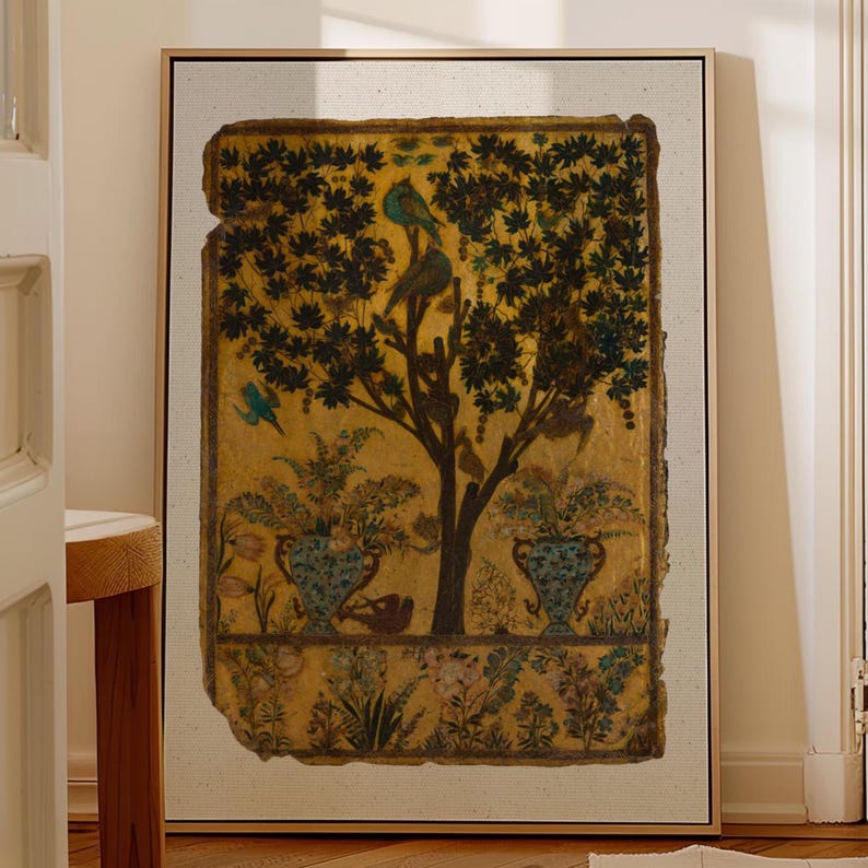 Tree of Life art print inspired by antique Persian garden painting with birds, botanical foliage, and symbolic nature imagery.
