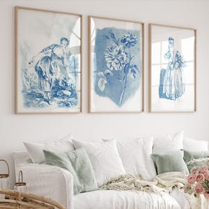 Vintage Floral Print Set of 3, Blue Wall Decor, Rose Bouquet Art, Botanical Farmhouse Décor, French Country Prints, Coquette Room Decor