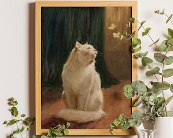 Vintage White Cat Butterflies Oil Painting Reprint, Arthur Heyer Cat Portrait Wall Art