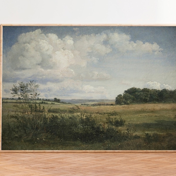 Peinture de campagne anglaise, impression de paysage vintage, art européen antique, impression rustique, prairie d'arbres, impression de paysage de campagne, art de prairie