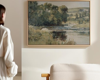 Vintage River Landscape Print: Antique Country Painting
