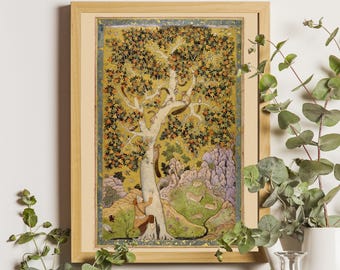 Vintage Squirrels on Plane Tree Islamic Print, Abu'l Hasan i Mansur Nature Wall Art, Framed or Unframed